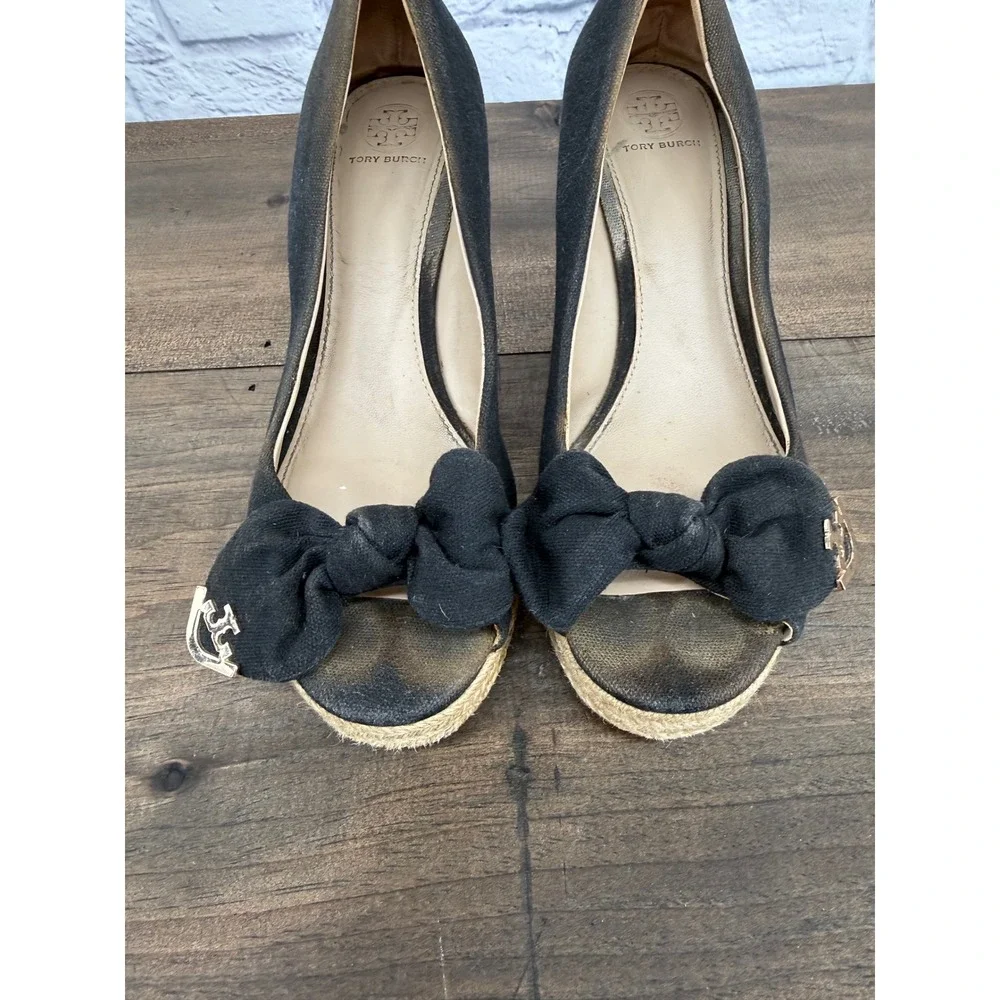 Tory Burch Black Canvas Bow Peep Toe Espadrille Wedge Sandals Womens 9.5